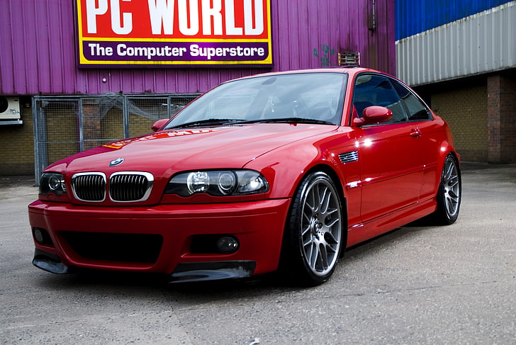 red BMW coupe, glass, red, reflection, wall, BMW, the fence, sign, air conditioning, e46, back yard, HD wallpaper