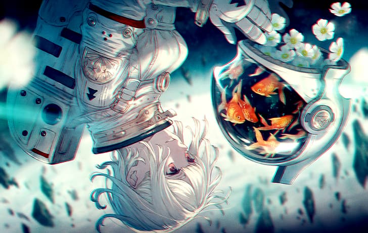 アニメ アニメの女の子 宇宙飛行士 宇宙服 赤い目 ブロンド 白い髪 花 魚 水族館 Hdデスクトップの壁紙 Wallpaperbetter