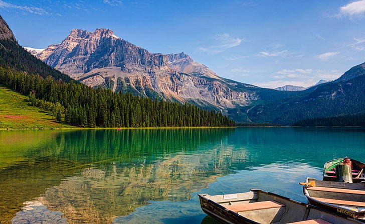 lake, emerald, summer, mountains, forest, water, boat, nature, landscape, HD wallpaper