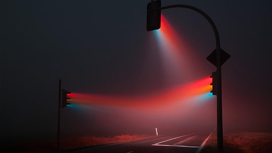 три светофара, трафик, светлини, мъгла, фото манипулация, фотография, HD тапет HD wallpaper