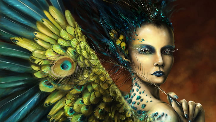 Peri merak, ilustrasi rambut biru wanita, fantasi, 3840x2160, wanita, peri, burung merak, Wallpaper HD