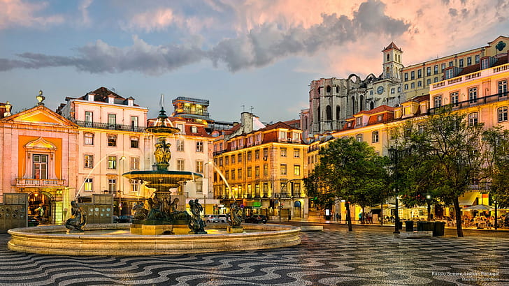 Площадь Россио, Лиссабон, Португалия, Европа, HD обои