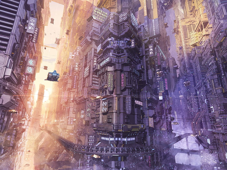 Raumschiff, ArseniXC, digitale Kunst, Stadtbild, Zeichen, Sonnenlicht, Comics, Kunstwerk, futuristische Stadt, Gebäude, futuristisch, Science-Fiction, Konzeptkunst, Stadt, Technologie, HD-Hintergrundbild