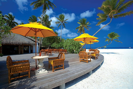 hotel, palmy, plaża, Tapety HD HD wallpaper