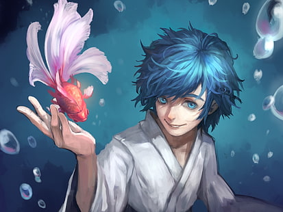 personaggio maschile anime, vocaloid, kaito, kimono, arte, pesce rosso, Sfondo HD HD wallpaper