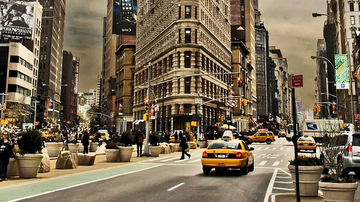 żółta taksówka, USA, Manhattan, ulica, ruch uliczny, Tapety HD