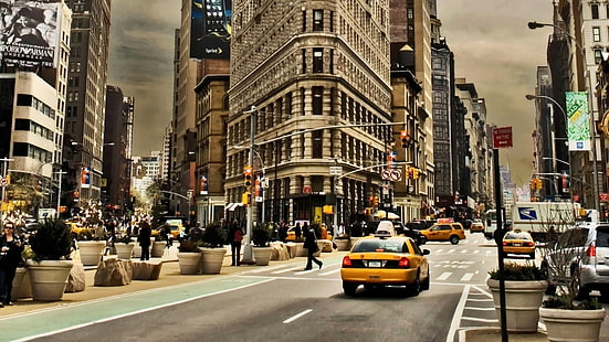 жълто такси, САЩ, Манхатън, улица, трафик, HD тапет HD wallpaper