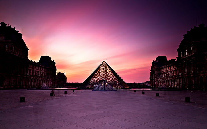 Louvre, museo, tramonto, Francia, Parigi, Sfondo HD