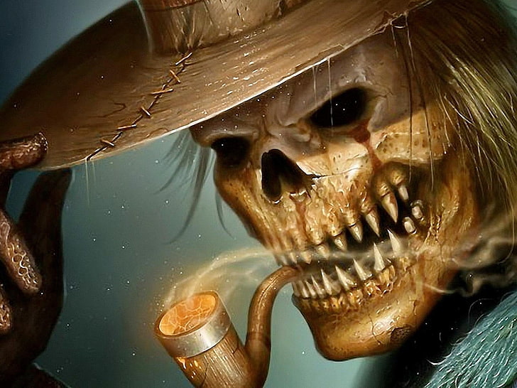 skeleton smoking wallpaper, creepy, evil, death, corpse, skeleton, reaper, pipes, smoking pipe, HD wallpaper