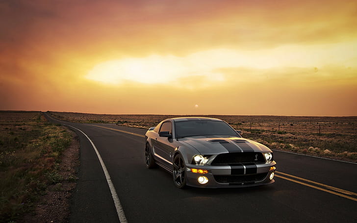 Mobil Ford Mustang, Ford Mustang, mobil, Matahari Terbenam, latar belakang, Wallpaper HD