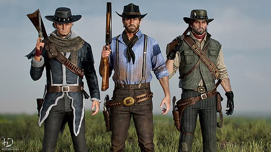 Red Dead Revolver, 4K, Red Dead Redemption, Red Dead Redemption 2, Red Harlow, Arthur Morgan, John Marston, homens, arma, CGI, 3D, HD papel de parede HD wallpaper