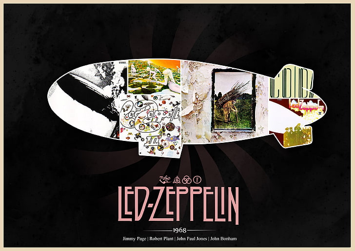 white and black Led-Zeppelin skateboard deck, the airship, Rock, classic, Led Zeppelin, 1968, Jimmy Page, album covers, John Paul Jones, Robert Plant, John Bonham, HD wallpaper