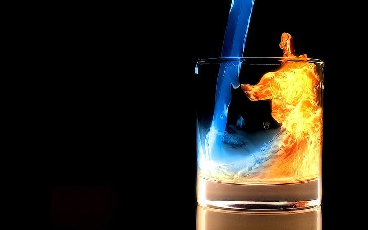 Klarglasbecher, Feuer, Glas, Schwarz, Wasser, HD-Hintergrundbild