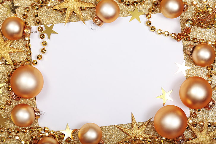 white printer paper, decoration, gold, balls, New Year, Christmas, golden, HD wallpaper