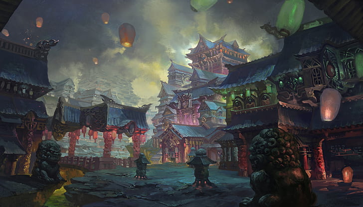 shrine, asian, lanterns, fantasy world, artwork, statue, Fantasy, HD wallpaper