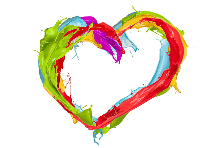 wielobarwna farba w kształcie serca, tryskać, serce, farba, kolory, projekt, plusk, Tapety HD