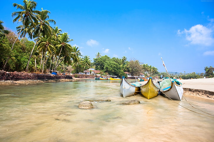 Гоа, 4k, Индия, пальмы, лодки, путешествия, Лучшие пляжи в мире, 5k, Индийский океан, туризм, HD обои