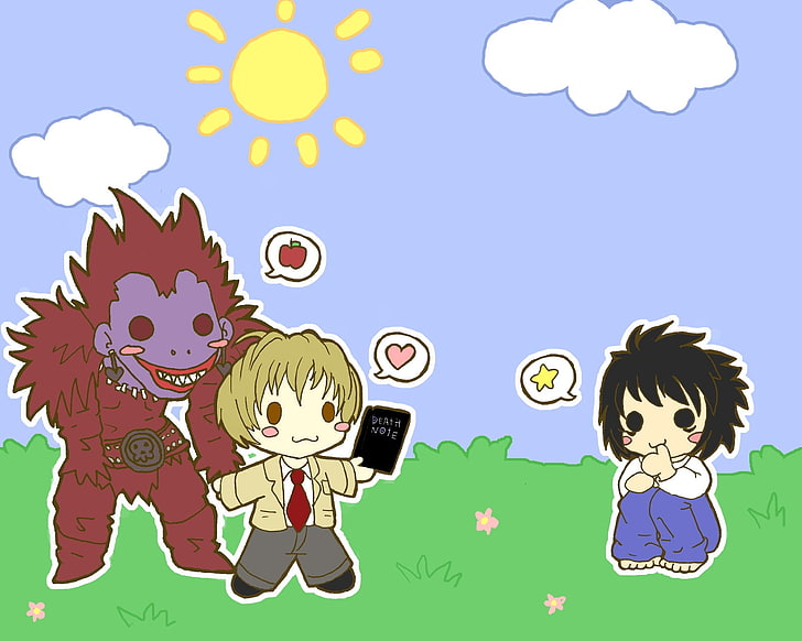иллюстрация трех персонажей аниме, чиби, нота смерти, рюк ягами, мальчик, девочка, существо, природа, HD обои