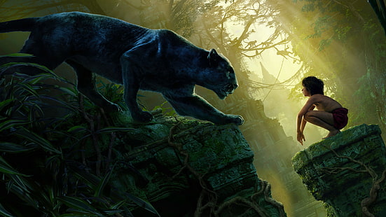 The Jungle Book, The Jungle Book (2016), Bagheera, Movie, Mowgli, Panther, HD wallpaper HD wallpaper