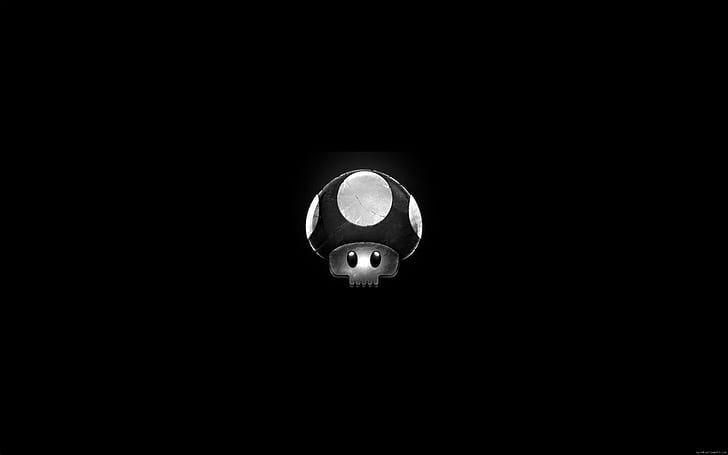 Mario mushroom in death, gray scale photo of mario 1 up mushroom illustration, mario, mushroom, death, dark, black, game, HD wallpaper