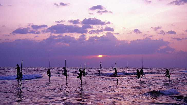 Sri Lanka, mer, crépuscule, gens qui pêchent, mer, crépuscule, gens, pêche, SriLanka, Fond d'écran HD