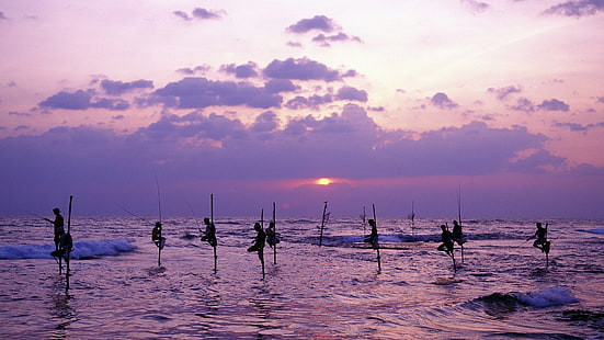 Sri Lanka, mer, crépuscule, gens qui pêchent, mer, crépuscule, gens, pêche, SriLanka, Fond d'écran HD HD wallpaper