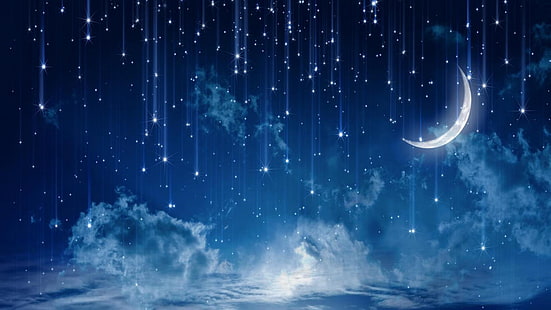 sky, blue, stardust, night, moon, moonlight, stars, HD wallpaper HD wallpaper