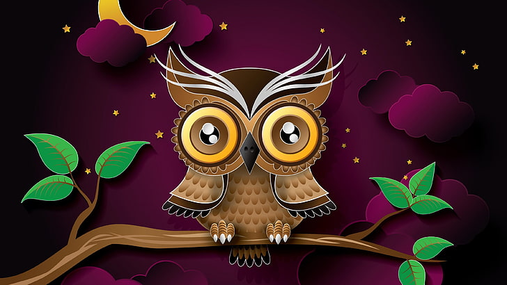 owl, art, bird, branch, cute, illustration, HD wallpaper