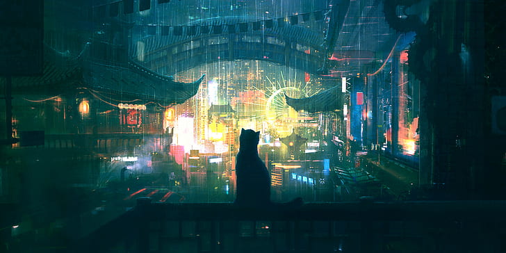 sztuka cyfrowa, środowisko, koty, deszcz, światła, język japoński, balkon, most, miasto, science fiction, Tapety HD