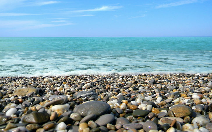 gray and brown pebble stones, sea, foam, pebbles, stones, shore, calm, HD wallpaper