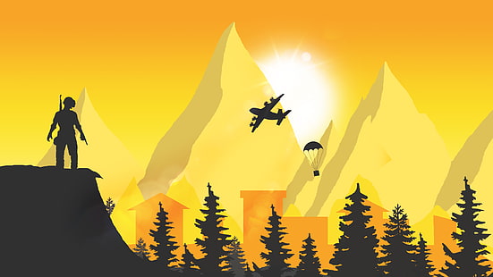 silueta del hombre en la ilustración del acantilado, PUBG, videojuegos, lanzamiento aéreo, avión, Fondo de pantalla HD HD wallpaper