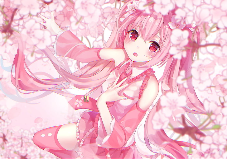 hatsune miku, capelli rosa, fiore di sakura, twintails, vocaloid, carino, anime, Sfondo HD