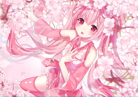 hatsune miku, розова коса, цвят на сакура, двойни опашки, вокалоид, сладък, аниме, HD тапет HD wallpaper