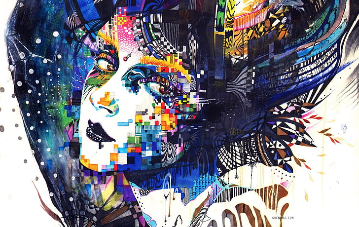 kobieta pop-art ilustracja, kolorowe, kobiety, Minjae Lee, twarz, malarstwo, mozaika, surrealistyczne, grafika, abstrakcja, sztuka cyfrowa, Tapety HD