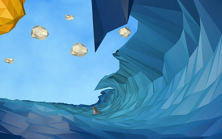 illustration de baril de marée, nature, art numérique, eau, mer, vagues, low poly, nuages, soleil, Fond d'écran HD