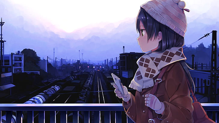 anime, meninas anime, cabelo preto, cabelo curto, telefone, estação de trem, ponte, cidade, chapéu, HD papel de parede