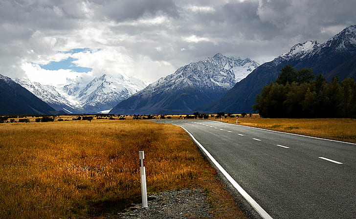 asphalt road near mountains covered by snow, Road to, NZ, asphalt, mountains, snow, Mount Cook National Park, Park  road, New Zealand  South Island, Tamron, PZD, Sony DSLR A580, Snow  Mountains, Alpine, scenery, National Park, Explored, Public Domain, Dedication, CC0, geo tagged, flickr, lover, photos, mountain, nature, landscape, outdoors, scenics, road, HD wallpaper