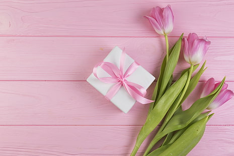 flowers, gift, bouquet, tulips, love, pink, fresh, wood, romantic, spring, with love, tender, HD wallpaper HD wallpaper