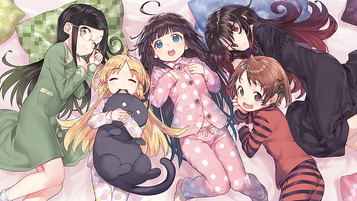 chicas anime, acostada, amigos, durmiendo, rubia, linda, meganekko, vestido negro, Anime, Fondo de pantalla HD