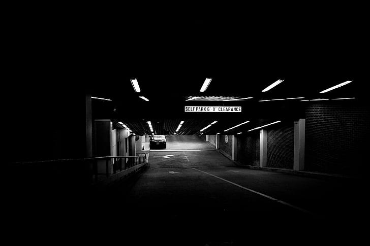 hitam dan putih, mobil, gelap, parkir, tempat parkir, garasi bawah tanah, kendaraan, Wallpaper HD