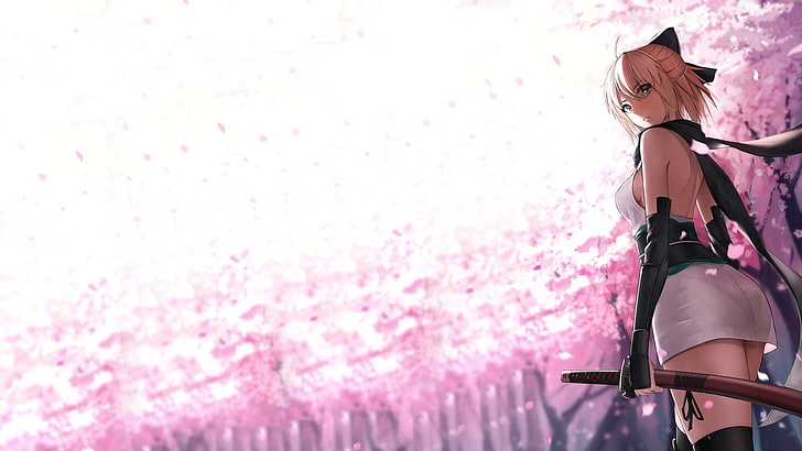 papel de parede de personagem fictício de anime feminino, Sakura Sabre, Fate / Grand Order, meninas anime, Série Fate, cabelo curto, flor de cerejeira, HD papel de parede