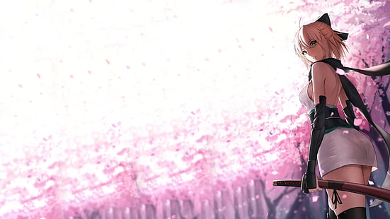 papel de parede de personagem fictício de anime feminino, Sakura Sabre, Fate / Grand Order, meninas anime, Série Fate, cabelo curto, flor de cerejeira, HD papel de parede HD wallpaper