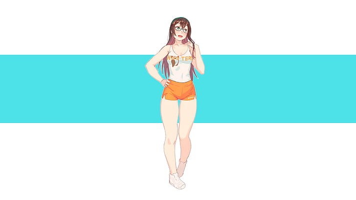 Ooyodo (KanColle), Kantai Collection, anime girls, anime, women, brunette, long hair, looking away, women with glasses, open mouth, tank top, short shorts, the gap, cleavage, sneakers, fan art, artwork, minimalism, white background, simple background, drawing, digital art, illustration, Hooters, HD wallpaper