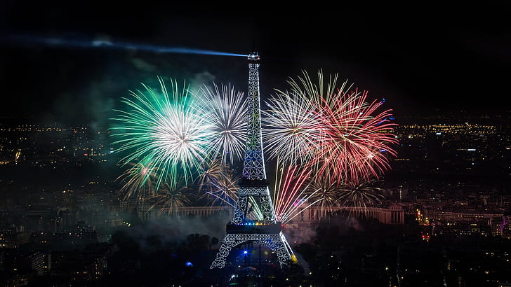 eiffel tower, paris, france, europe, night, fireworks, event, entertainment, festival, tourist attraction, explosive material, darkness, public event, HD wallpaper