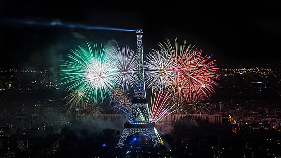 eiffel tower, paris, france, europe, night, fireworks, event, entertainment, festival, tourist attraction, explosive material, darkness, public event, HD wallpaper HD wallpaper
