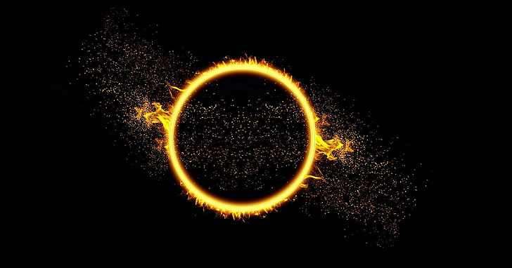 วอลล์เปเปอร์ดิจิตอลวงแหวนเปลวไฟสีเหลืองและสีดำทรงกลมพ่นไฟรอบ, วอลล์เปเปอร์ HD
