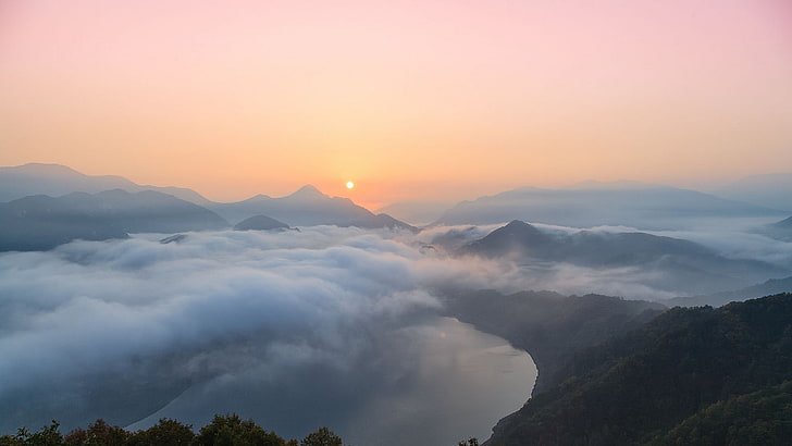 бели облаци, природа, пейзаж, облаци, планини, езеро, мъгла, гора, Южна Корея, HD тапет
