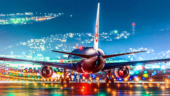 السماء ، طائرة ، شركة طيران ، إيرباص ، طيران ، سفر جوي ، إقلاع ، طائرة ، طائرة ، طائرة ذات جسم عريض ، ليل، خلفية HD HD wallpaper