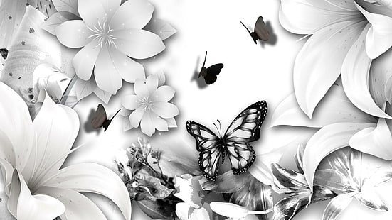 الزنبق الأسود الأبيض ، الربيع ، عيد الفصح ، اللون الأسود والأبيض ، الفراشة ، الزهور ، الزنابق ، ثلاثية الأبعاد والمجردة، خلفية HD HD wallpaper
