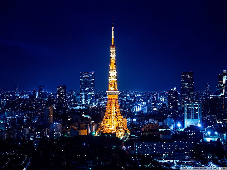 Torre Eiffel, Japão, Torre de Tóquio, noite, paisagem urbana, luzes, luzes da cidade, amarelo, azul, HD papel de parede
